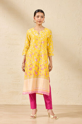 Light Yellow Sanganeri Block Printed Pure Silk Cotton Kurta thumbnail image number null