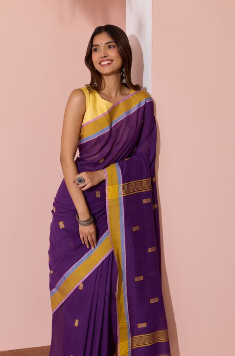 Dark Violet Woven Pure Cotton Bengal Saree