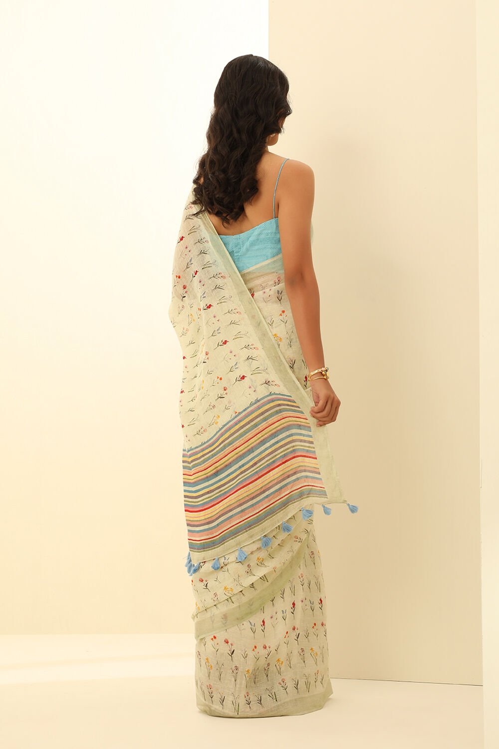 Light Green Pure Linen Digital Print Saree image number null