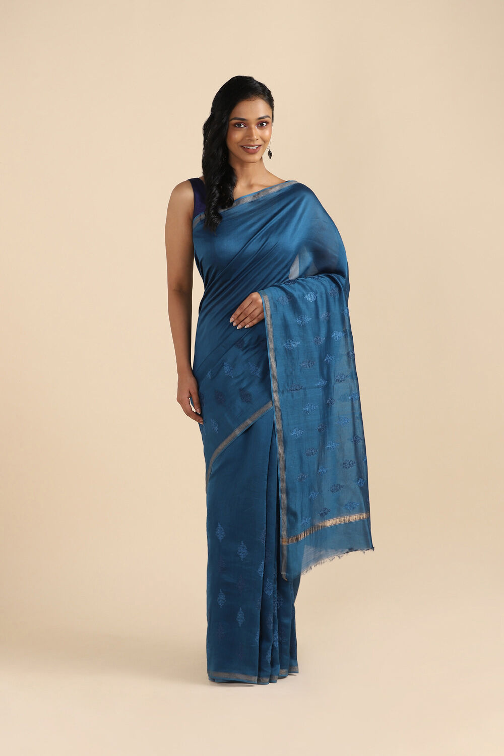 Blue Pure Silk Linen Embroidered Saree image number null