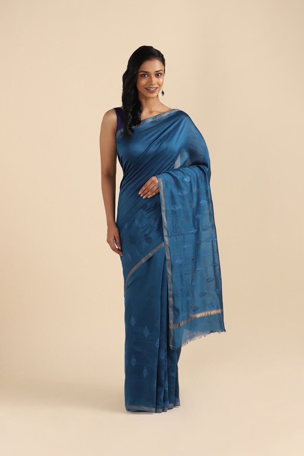 Blue Pure Silk Linen Embroidered Saree image number null