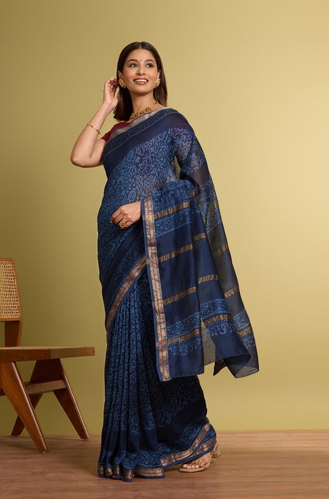 Dark Blue Pure Silk Cotton Batik Saree