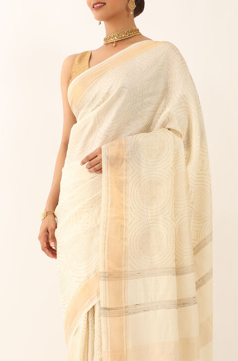 Off White Tussar Block Print Saree