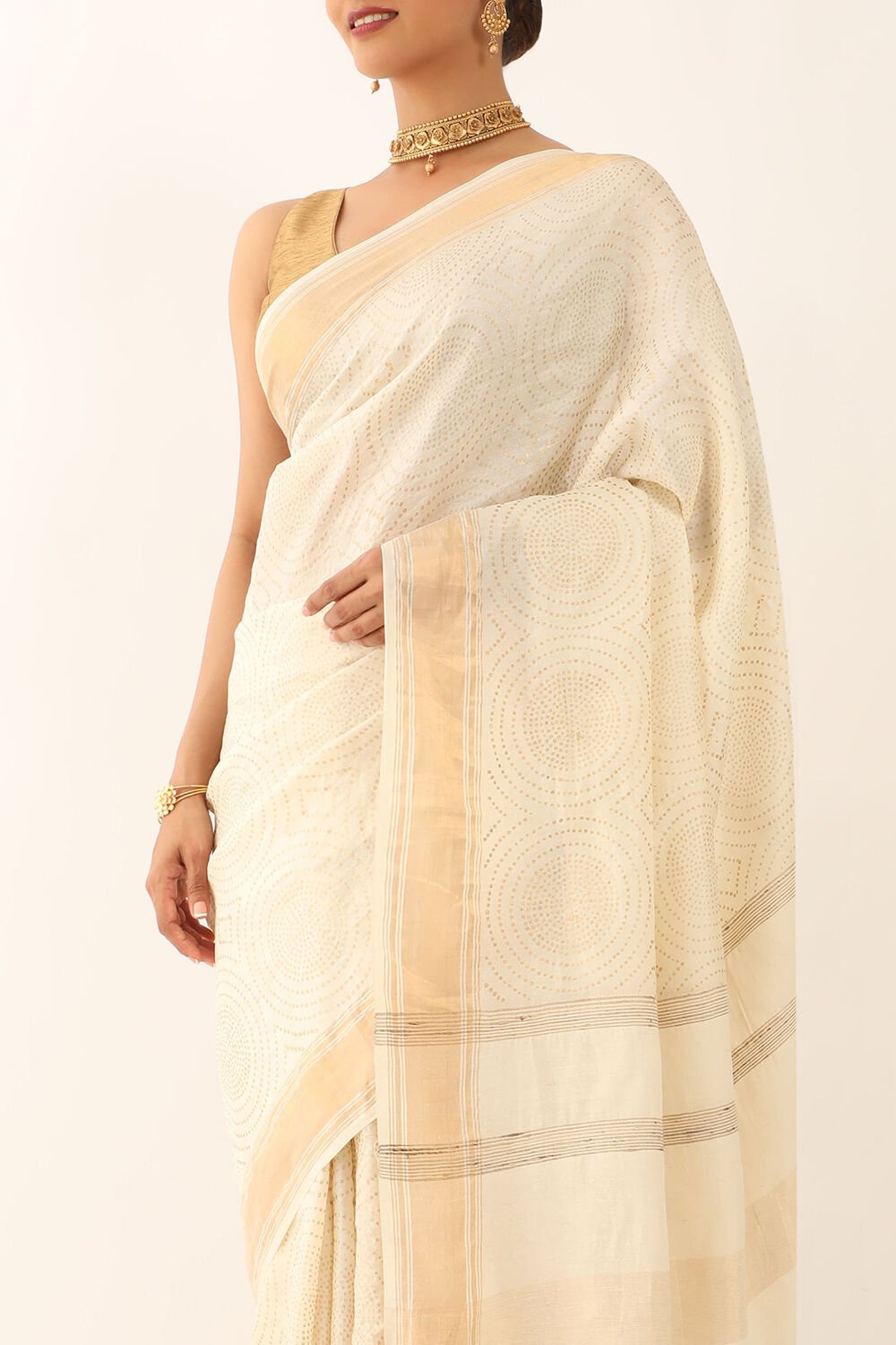 Off White Tussar Block Print Saree image number null