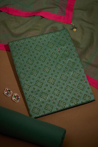 Light Green Block Printed Pure Silk Cotton Unstitched Suit Set image number