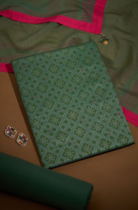 Light Green Block Printed Pure Silk Cotton Unstitched Suit Set