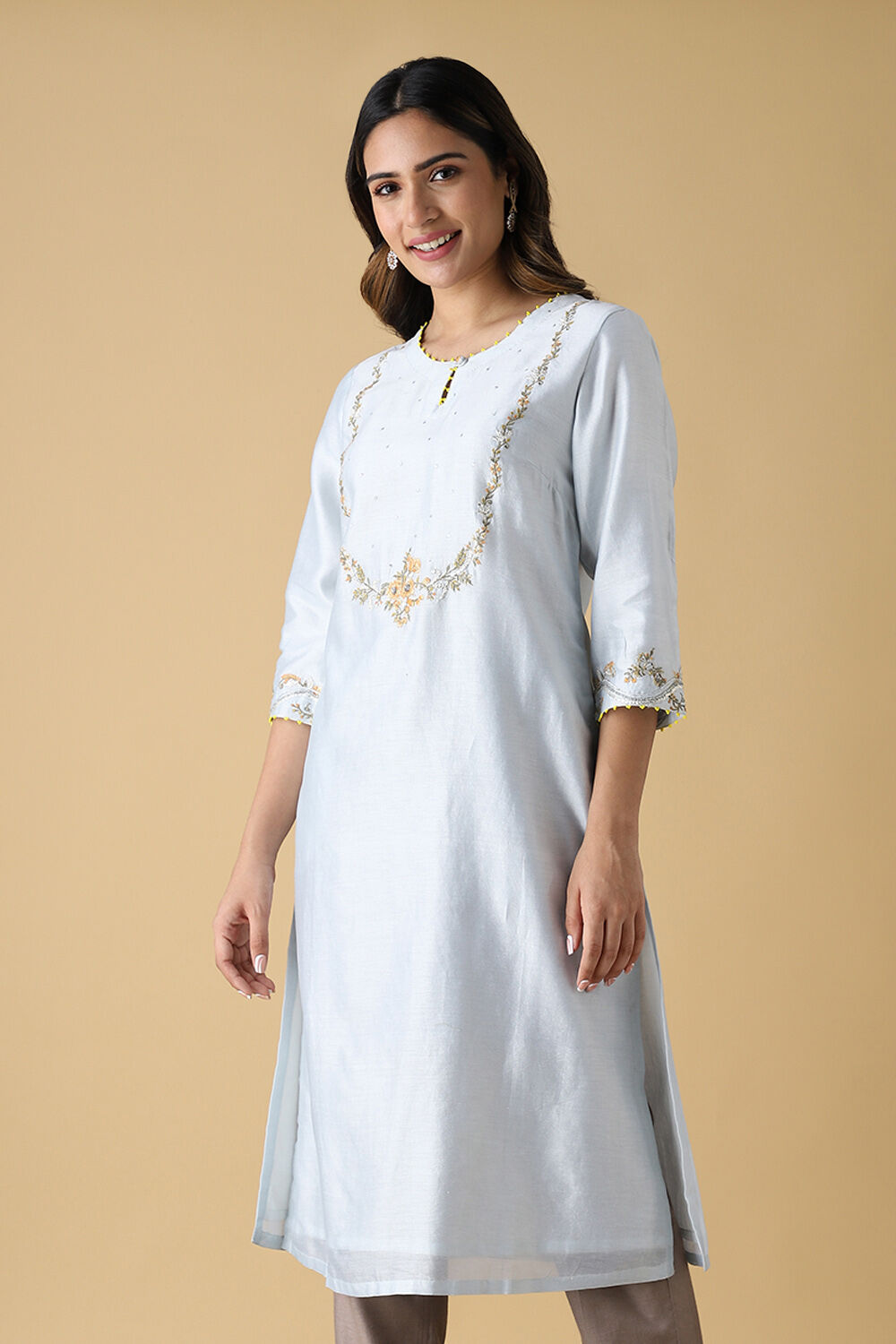 Light Blue Silk Cotton Embroidered Kurta image number null