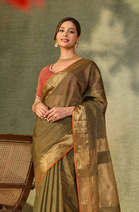 Green Woven Pure Tissue Cotton Maheshwari Saree