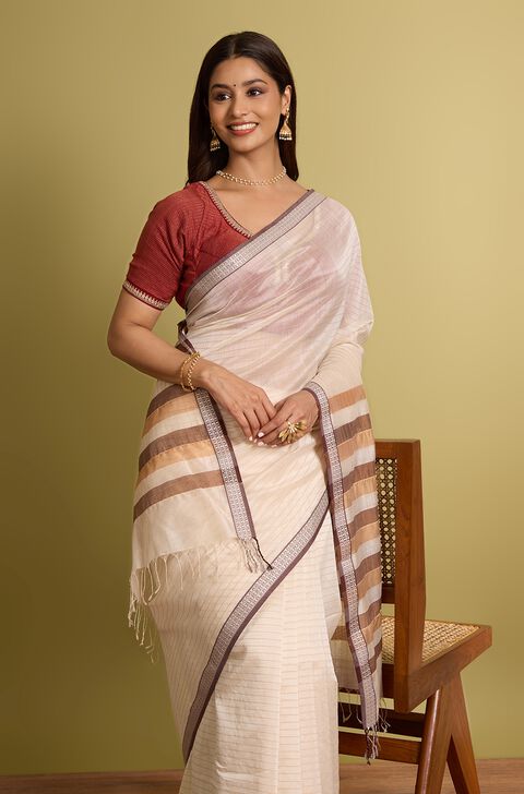 Off White Woven Pure Silk Cotton Maheshwari Saree