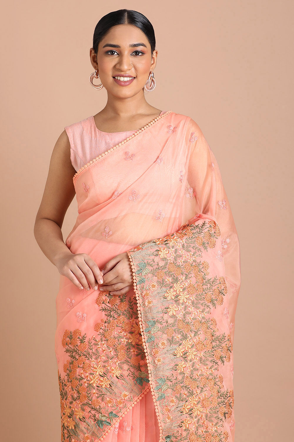 Light Pure Orange Embroidered Saree image number null