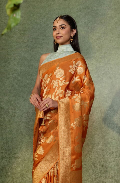 Light Orange Woven Viscose Satin Saree