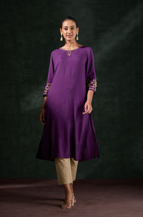 Dark Violet Viscose Embroidered Kurta