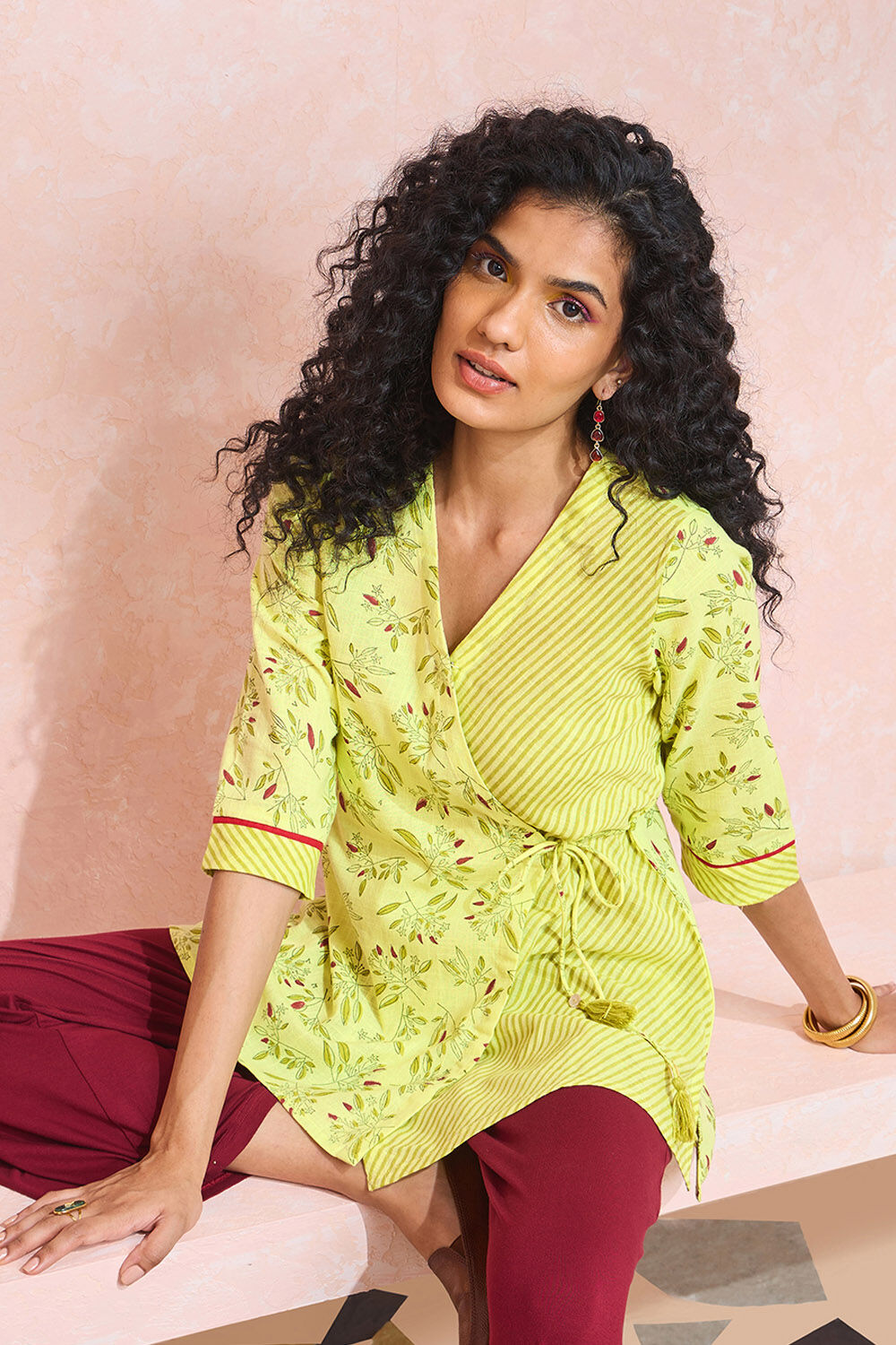 Light Green Block Printed Pure Cotton Short Top image number null