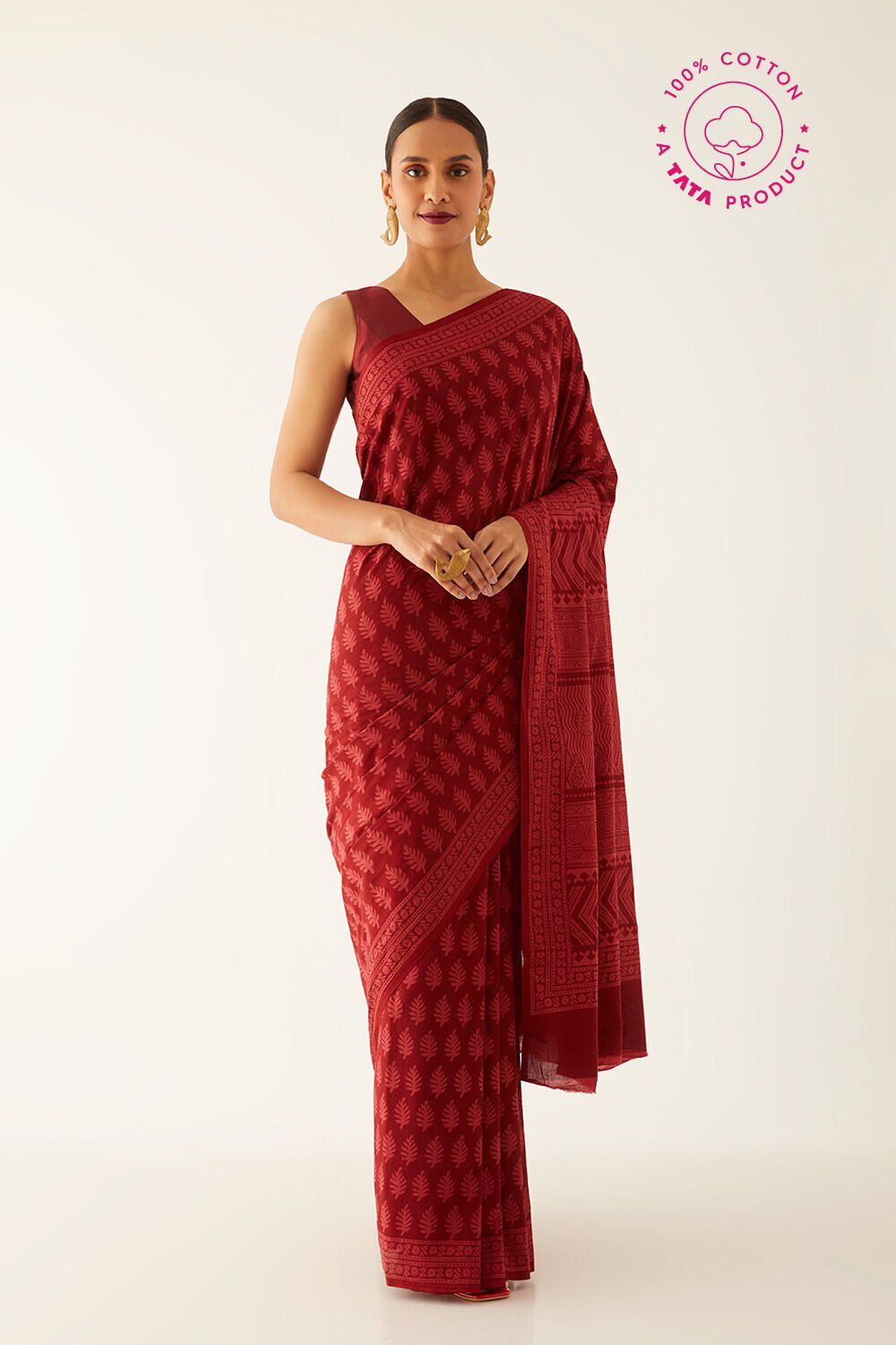 Red Pure Cotton Bagh Printed Saree image number null
