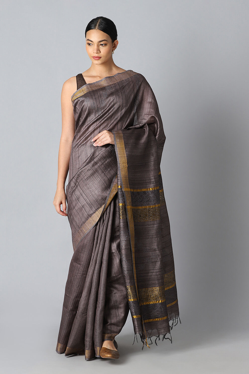 Grey Pure Tussar Silk Bhagalpuri Saree image number null