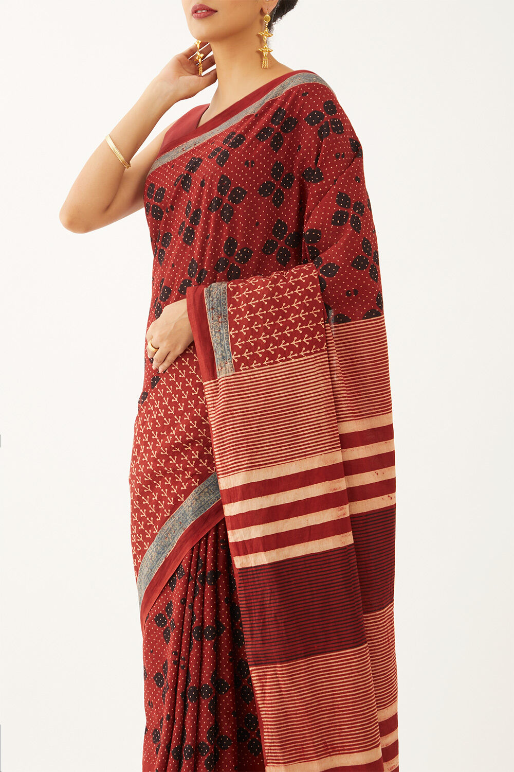 Red Pure Cotton Ajrakh Block Print Saree image number null