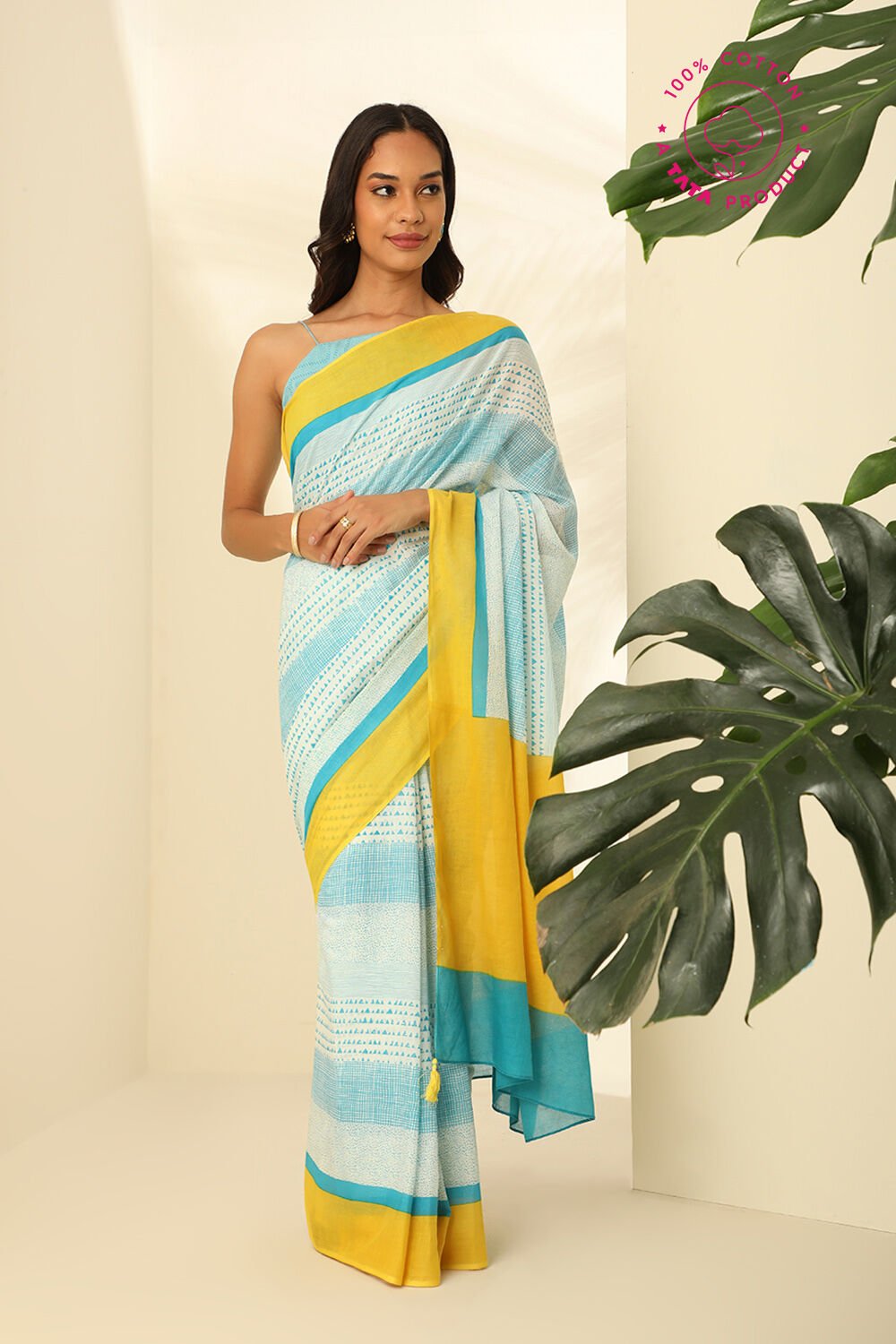 Off White Pure Cotton Mulmul Printed Saree image number null