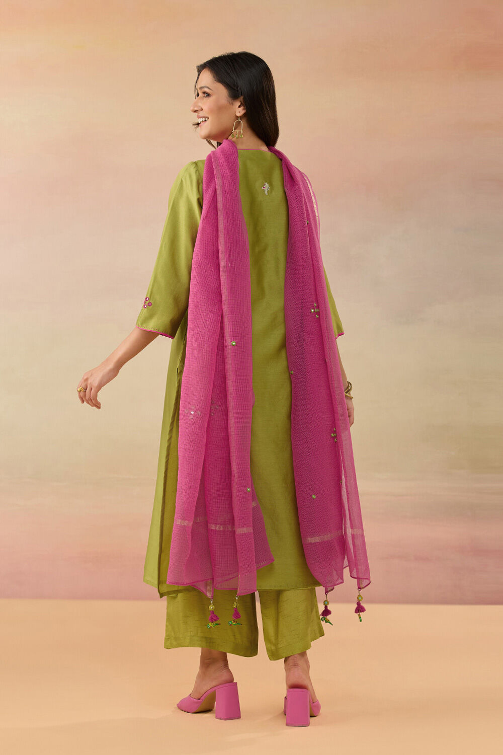 Green Pure Silk Cotton Shisha Kurta Set image number null