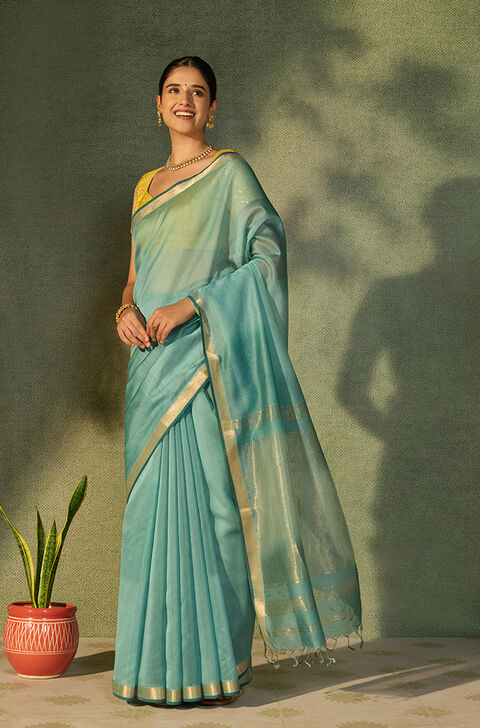 Light Blue Woven Pure Silk Cotton Maheshwari Saree