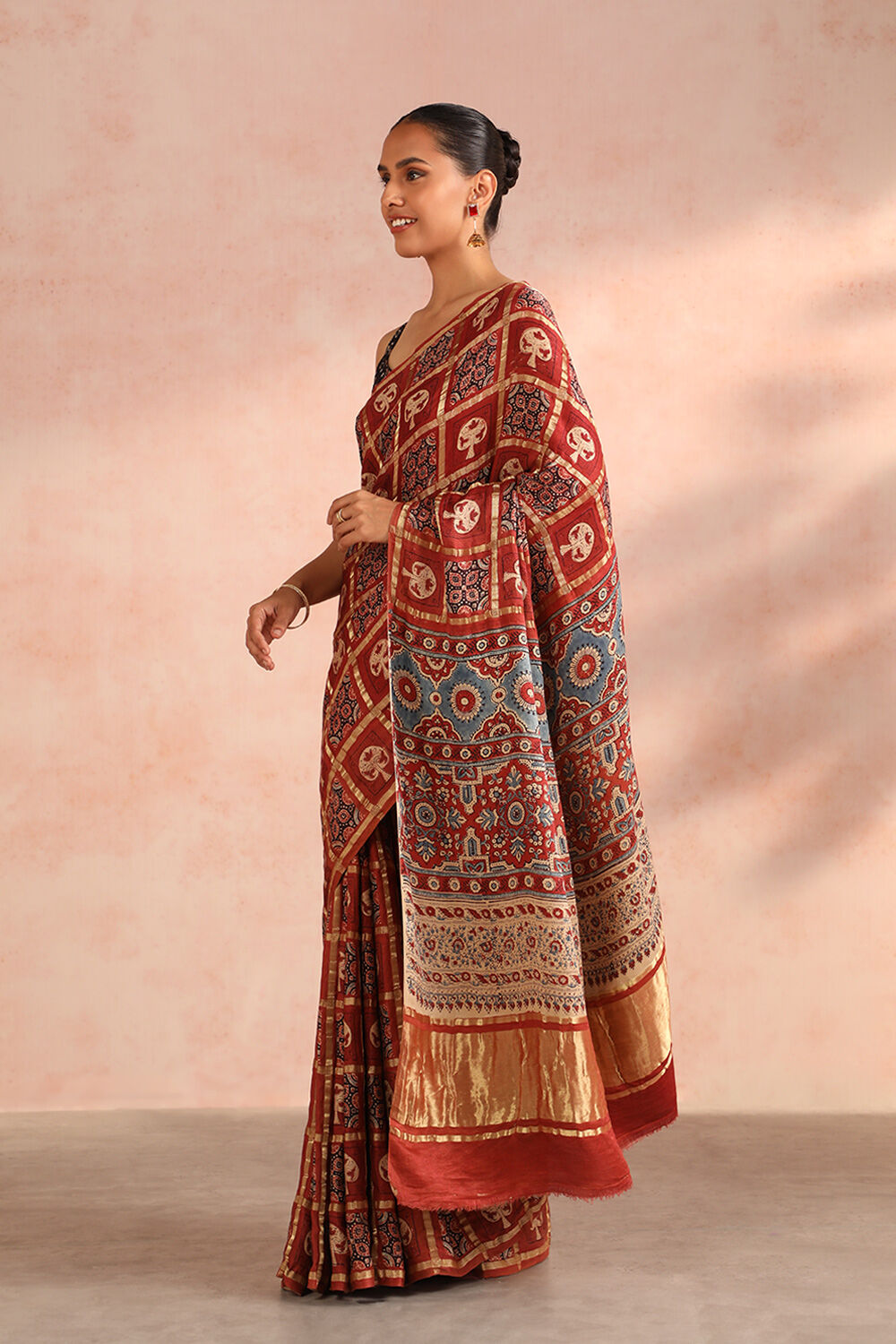 Red Gujarat Pure Silk Ajrakh Block Print Saree image number null