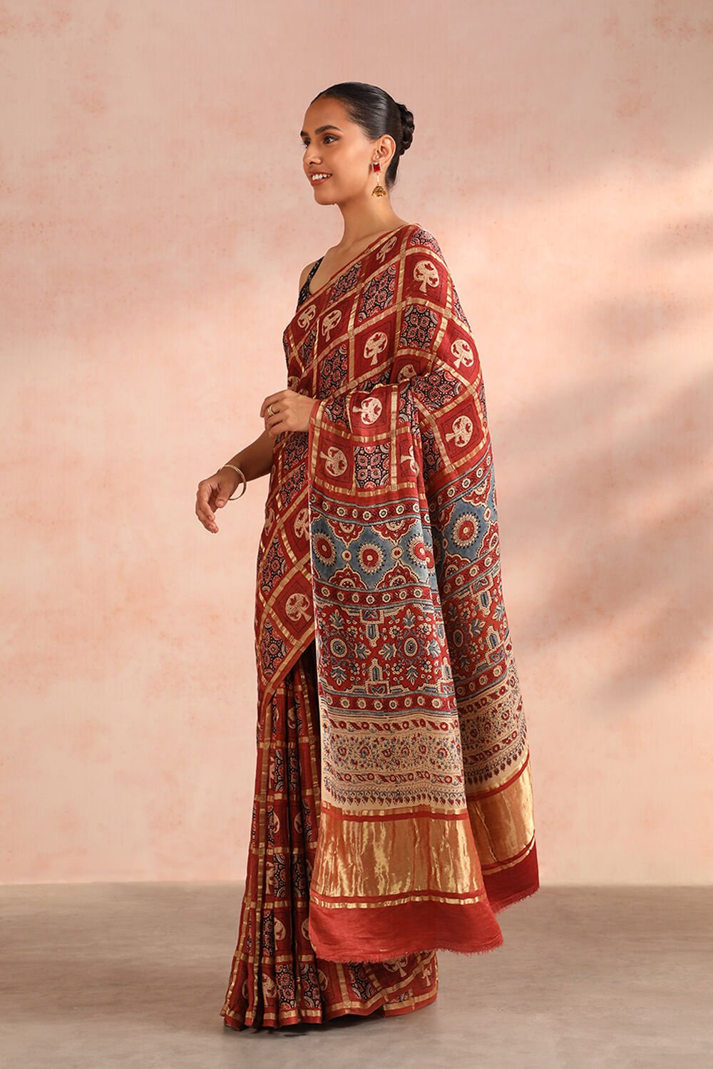 Red Gujarat Pure Silk Ajrakh Block Print Saree image number null