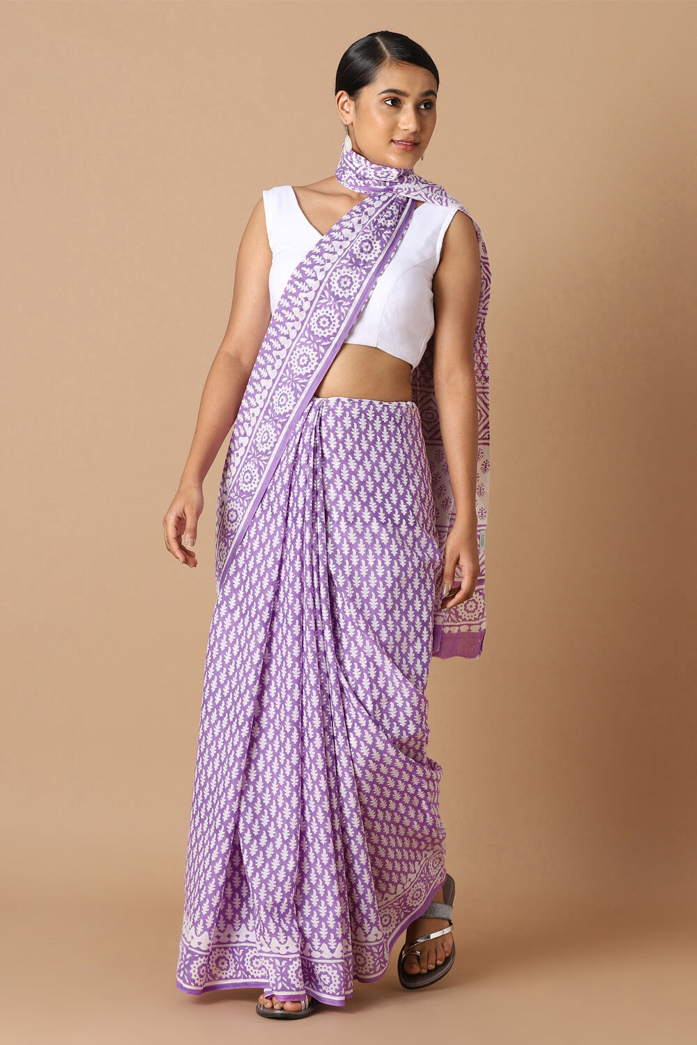 Purple Pure Cotton Sanganeri Printed Saree image number null