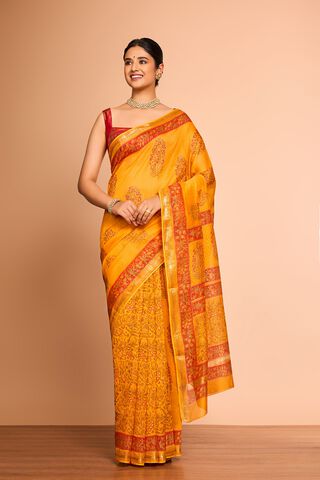 Yellow Rajasthan Pure Silk Cotton Printed Sanganeri Saree thumbnail image number null