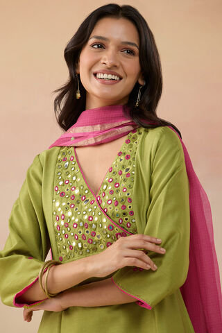 Green Pure Silk Cotton Shisha Kurta Set thumbnail image number null