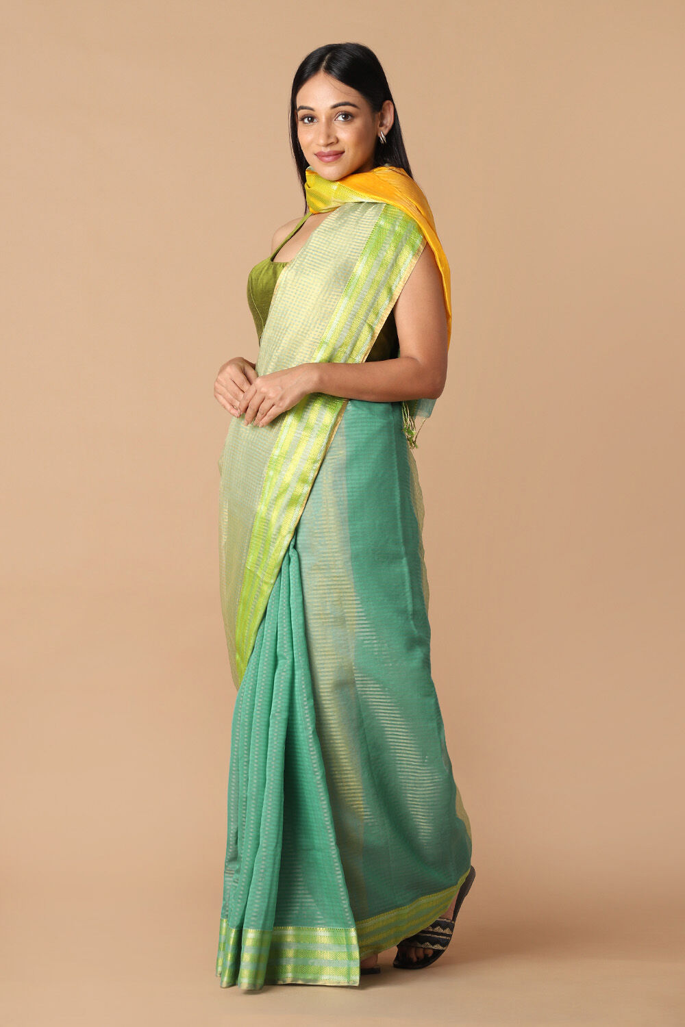 Light Green Pure Silk Cotton Maheswari Saree image number null