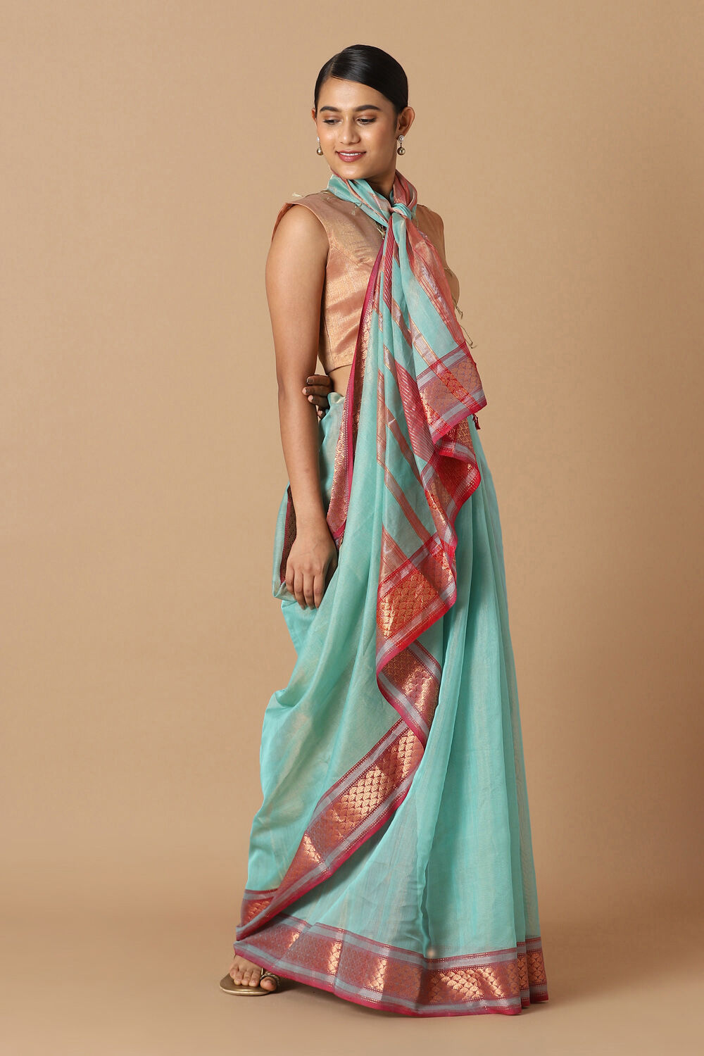 Blue Pure Cotton Tissue Maheswari Saree image number null