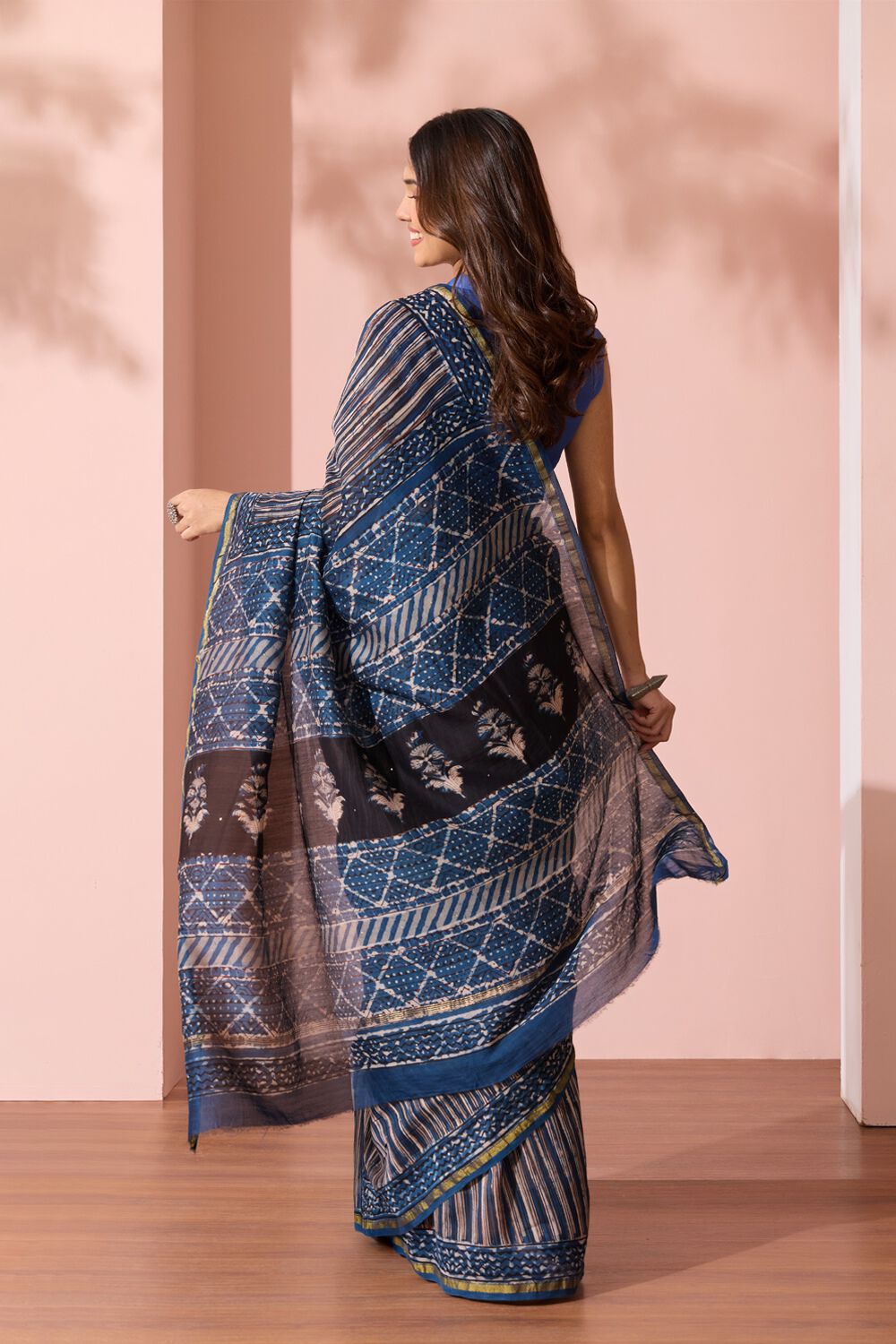 Dark Blue Bagru Printed Mukaish Pure Silk Cotton Saree image number null