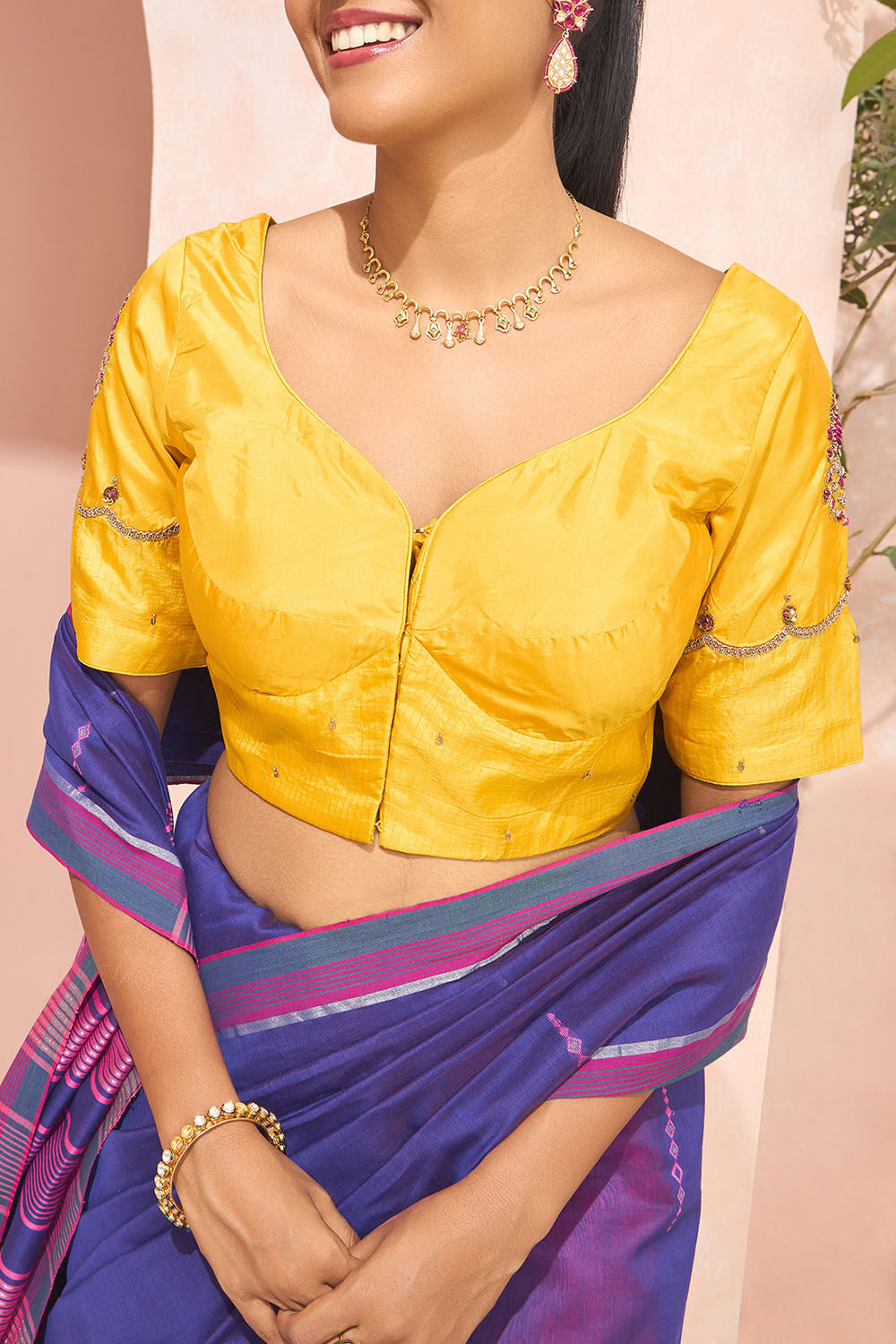 Yellow Pure Silk Embroidered Blouse image number null