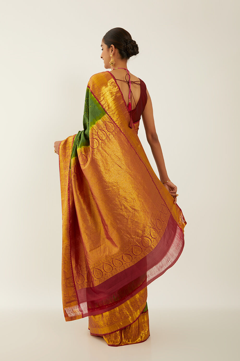Dark Green Pure Silk Bandhani Saree image number null