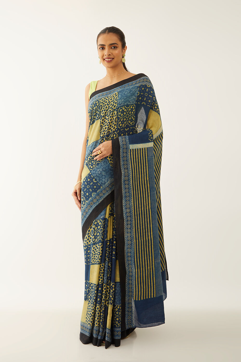 Blue Pure Cotton Ajrakh Block Print Saree image number null