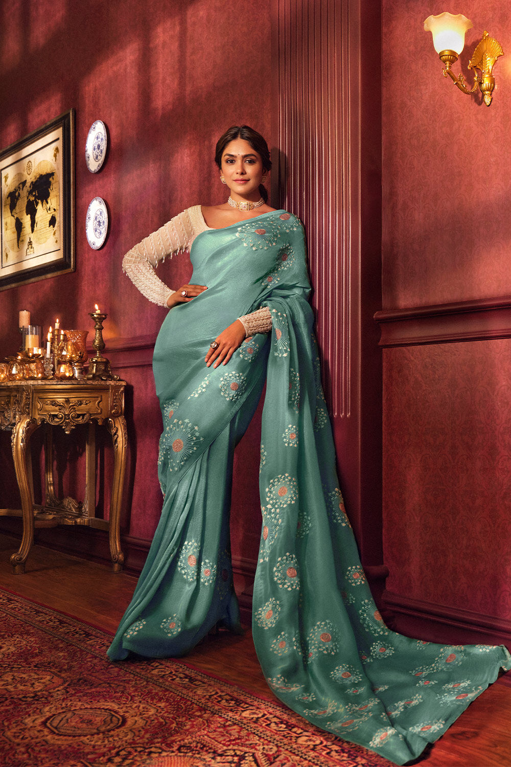 Blue Embroidered Viscose Tissue Saree image number null