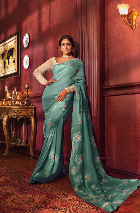 Blue Embroidered Viscose Tissue Saree