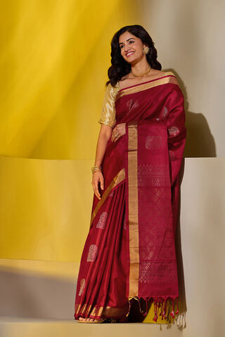Dark Red Woven Pure Soft Silk Saree thumbnail image number null