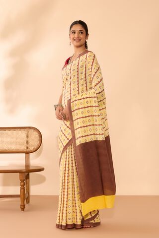 Yellow Screen Printed Bengal Mulmul Saree thumbnail image number null