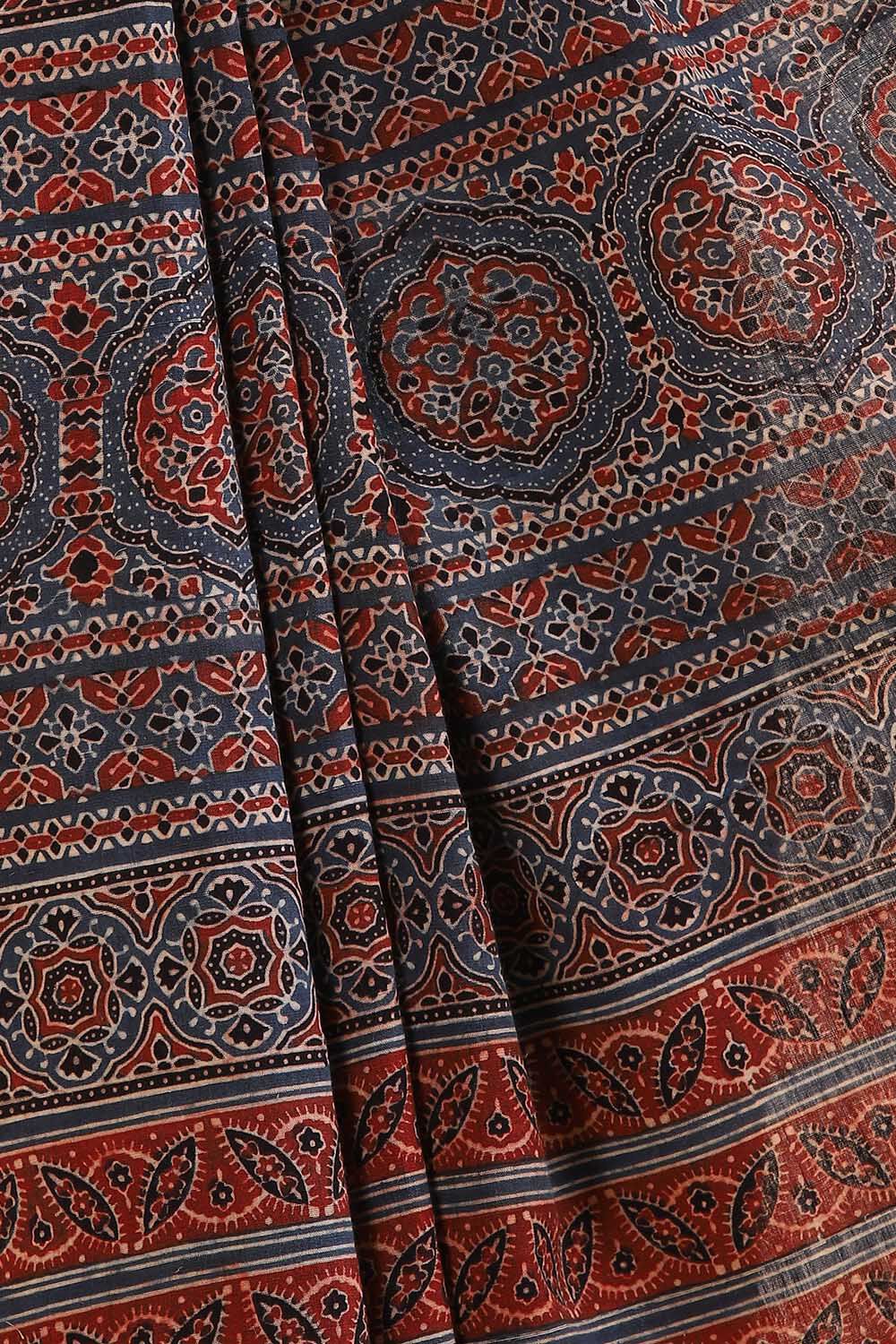 Red Pure Khadi Cotton Ajrakh Printed Saree image number null