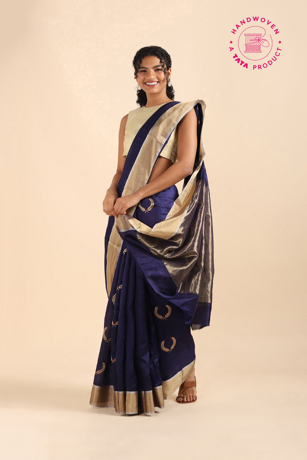 Dark Blue Pure Silk Chanderi Saree image number null