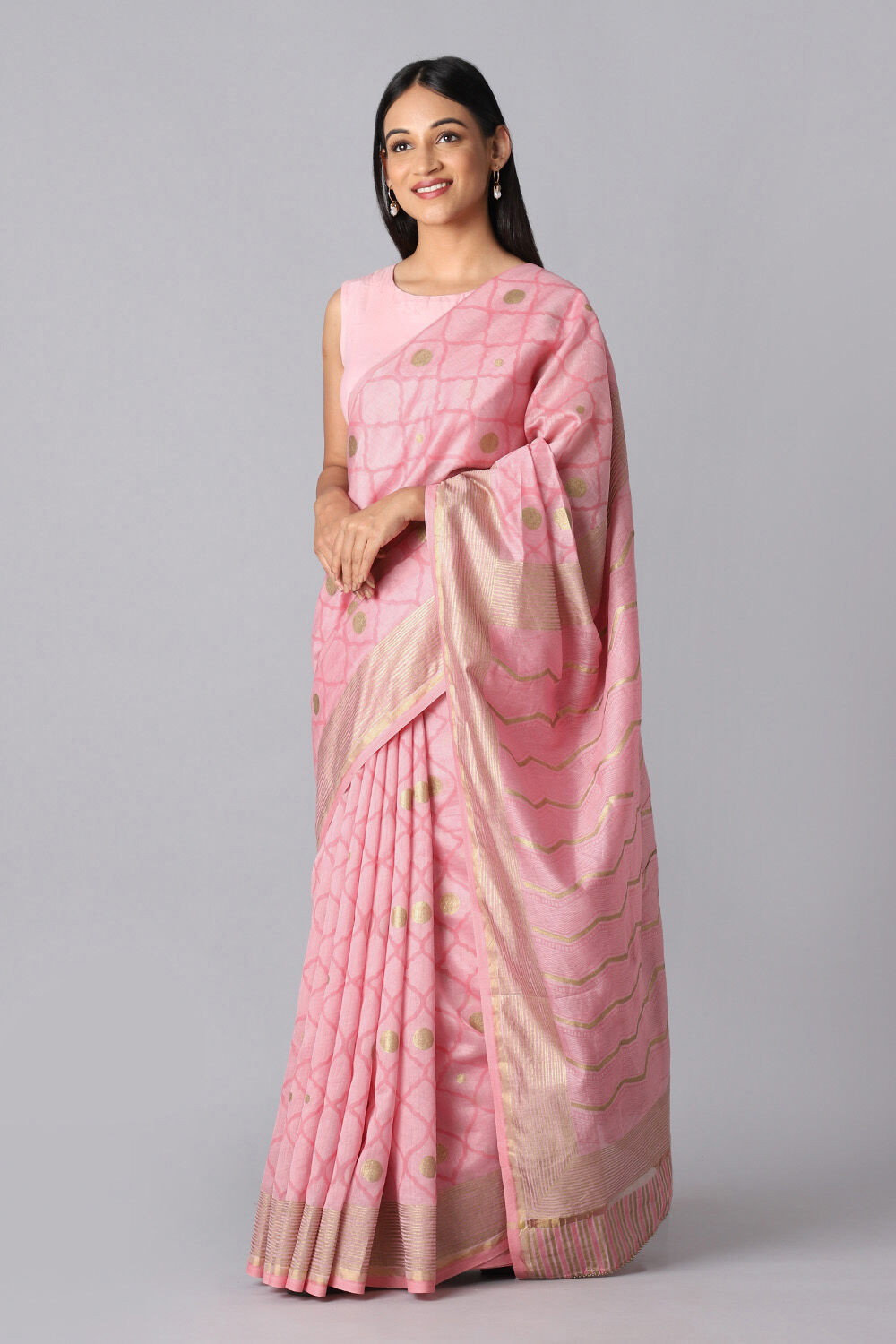Pink Pure Silk Cotton Hand Printed Saree image number null