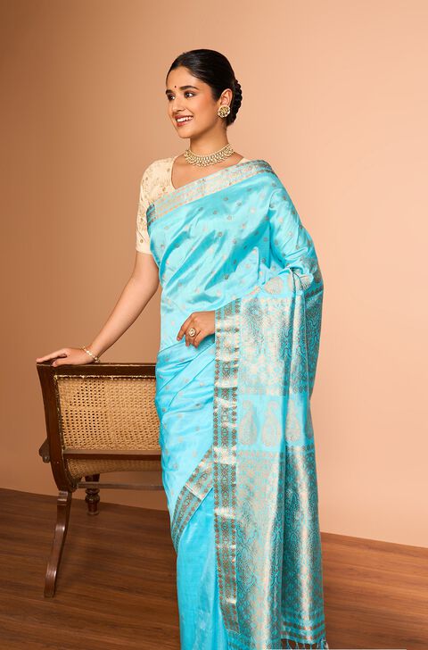 Light Blue Assam Woven Pure Silk Saree