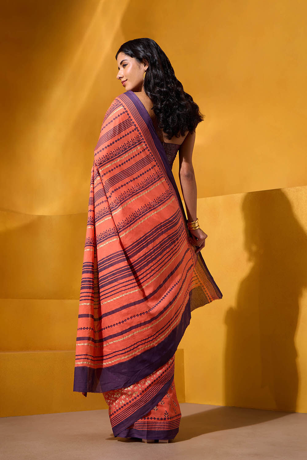 Orange Pure Cotton Mulmul Block Printed Bengal Saree image number null