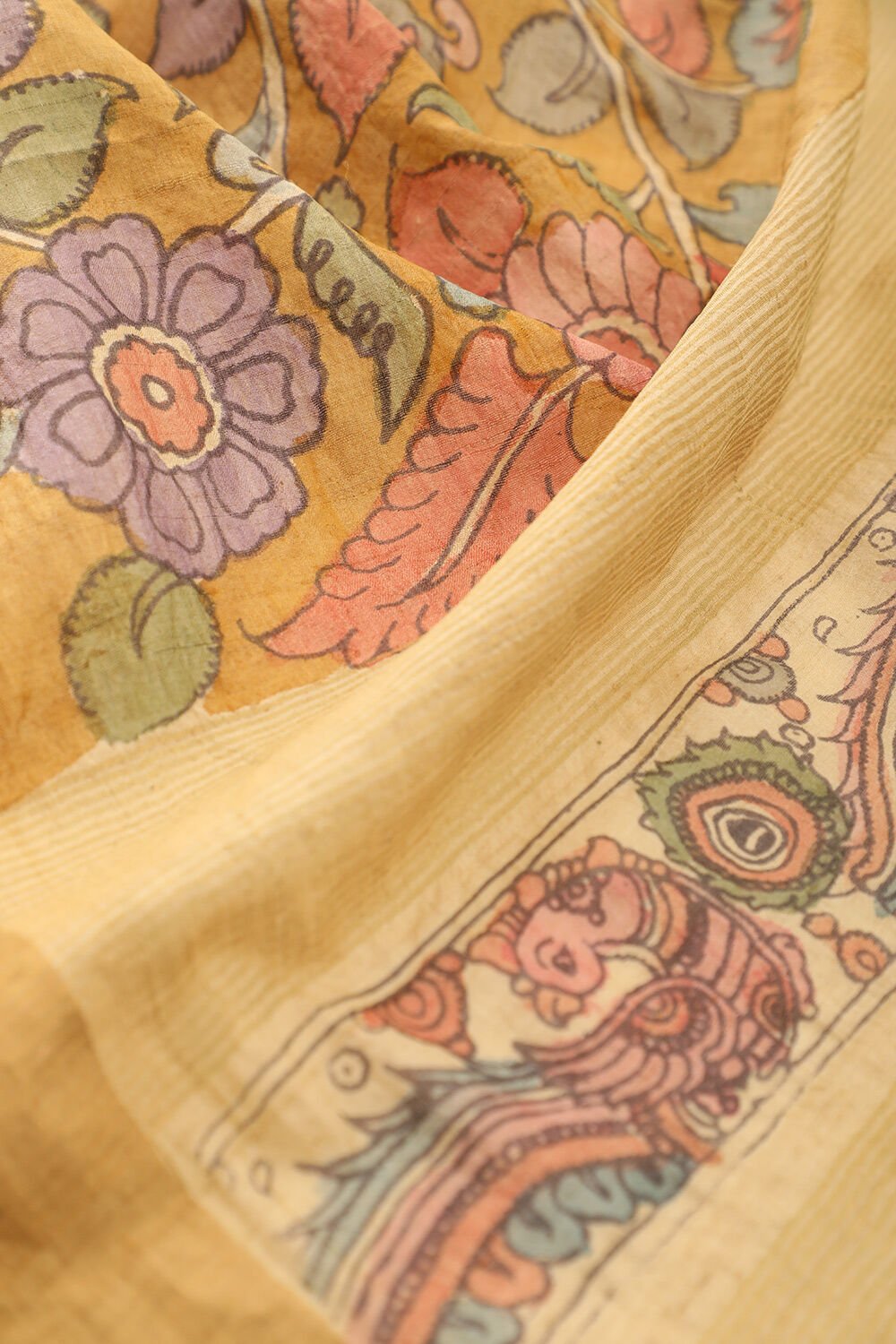 Yellow Srikalahasti Pure Tussar Silk Kalamkari Saree image number null
