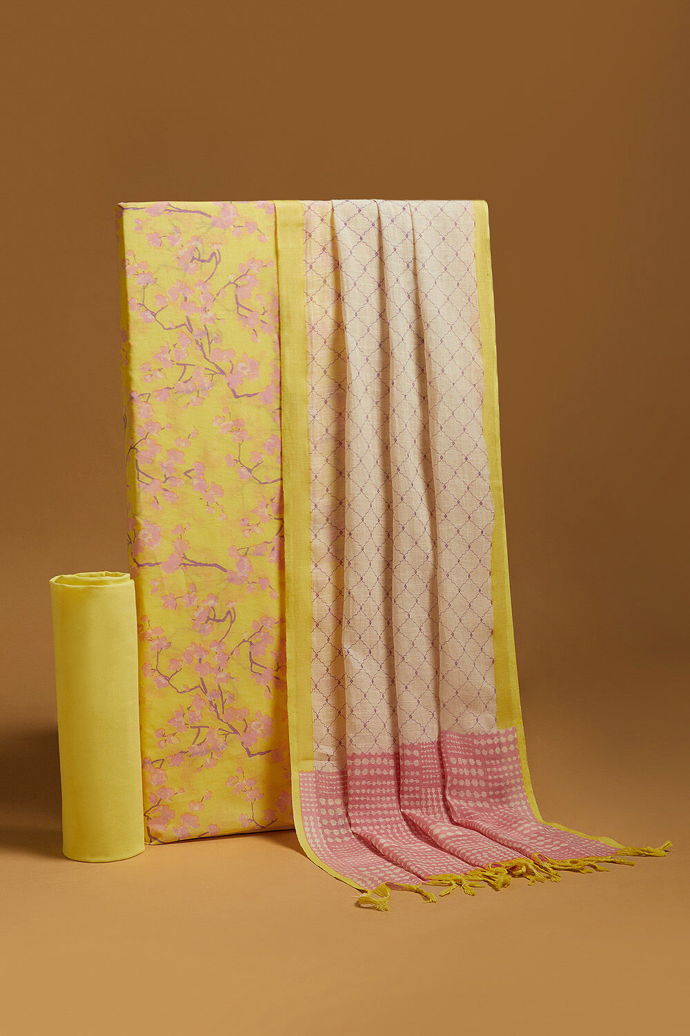 Yellow Screen Printed Pure Cotton Unstitched Suit Set image number null