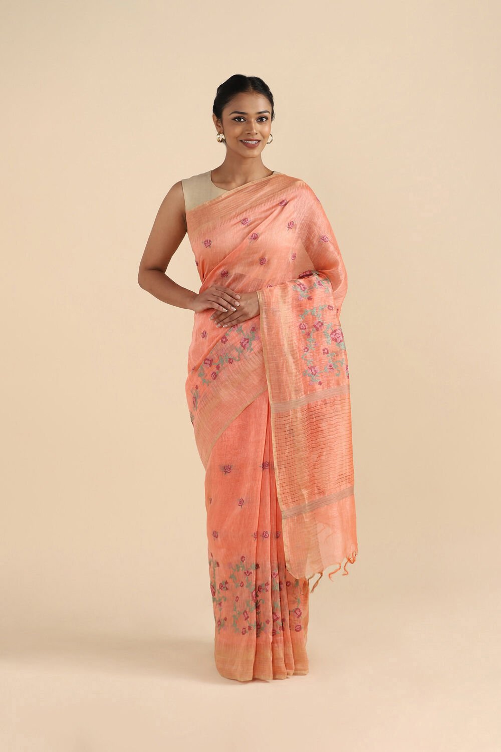 Light Orange Pure Silk Linen Embroidered Saree image number null