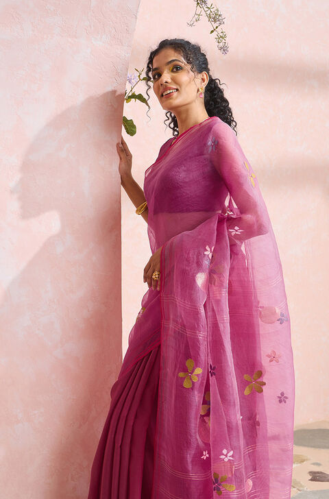 Dark Pink Bengal Pure Silk Cotton Jamdani Saree