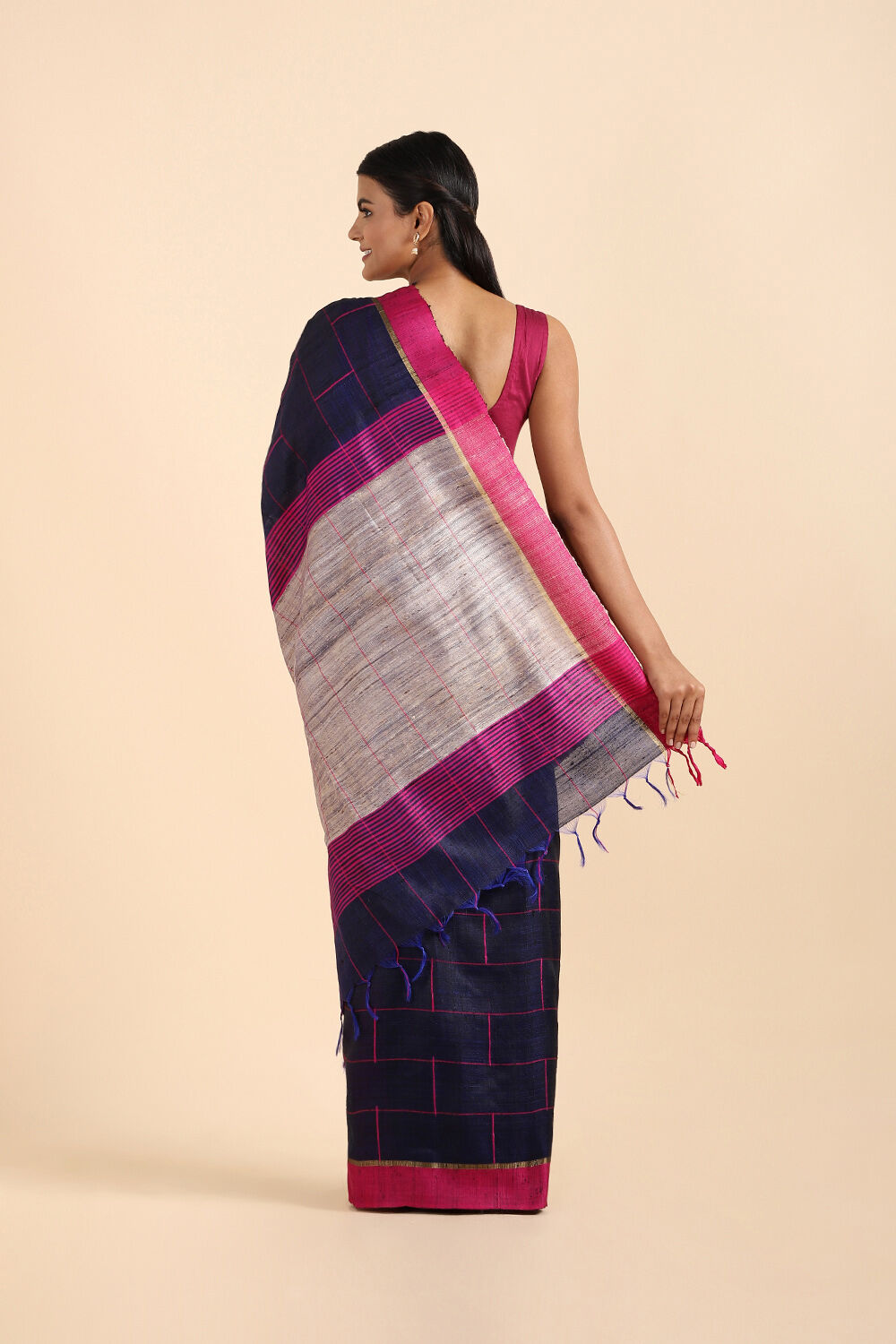 Dark Blue Pure Tussar Silk Bhagalpuri Saree image number null