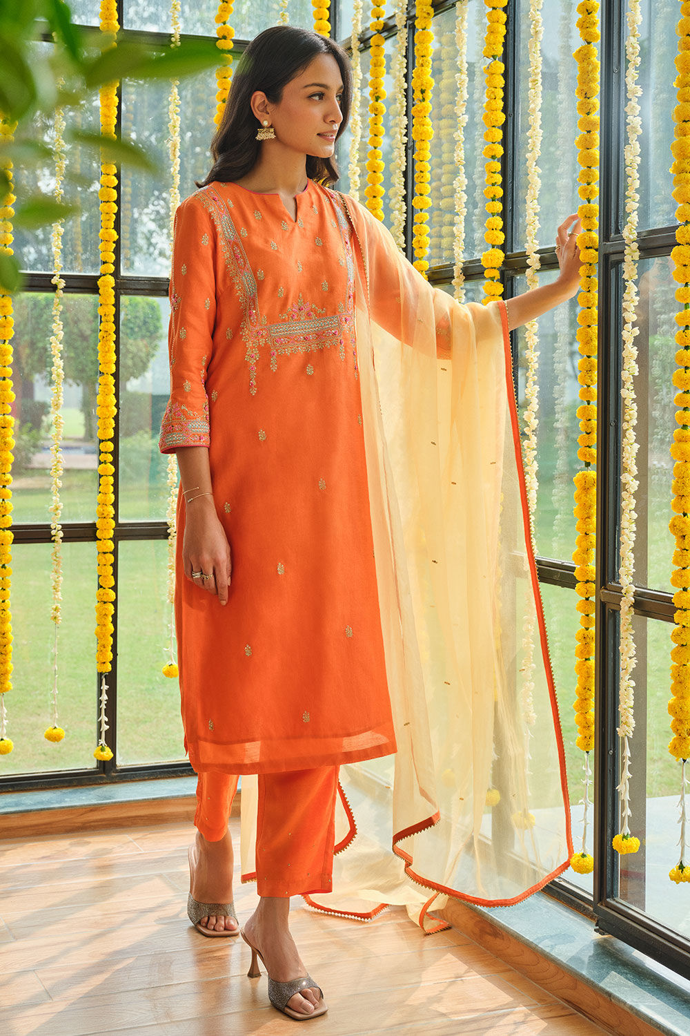 Orange Embroidered Silk Cotton Kurta Set image number null