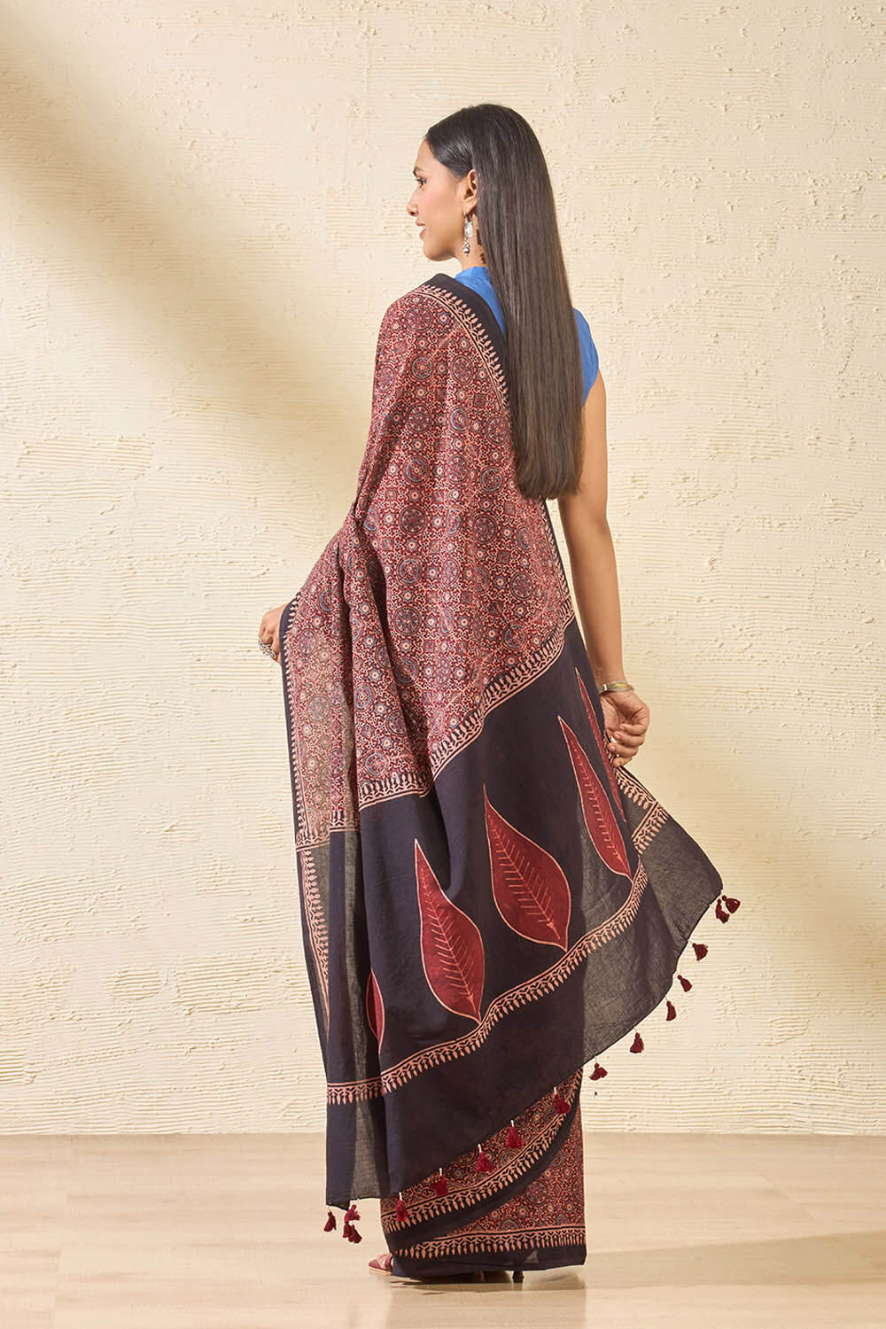 Dark Red Gujarat Pure Cotton Ajrakh Saree image number null